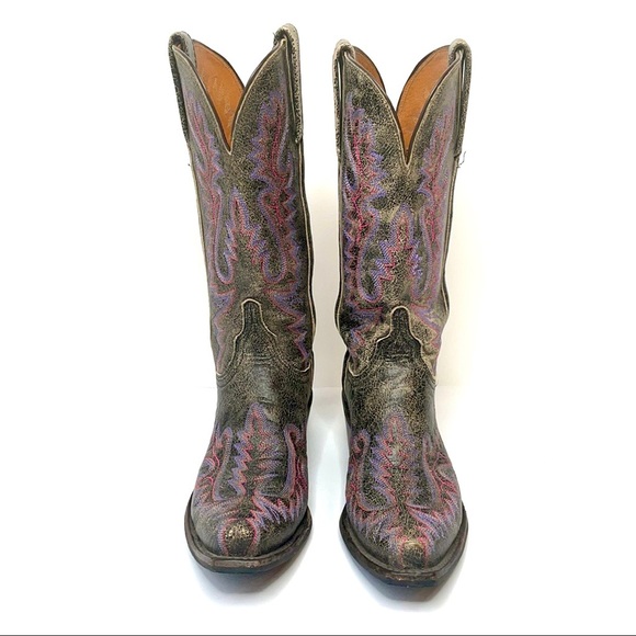 Lucchese 1883 Western Distressed Black with Pink and Lavender Stitching Size 7 - Picture 2 of 16